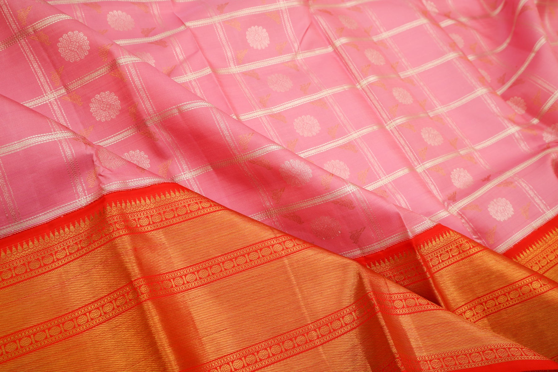 Kanchipuram Silk Checks And Butta Pink Saree