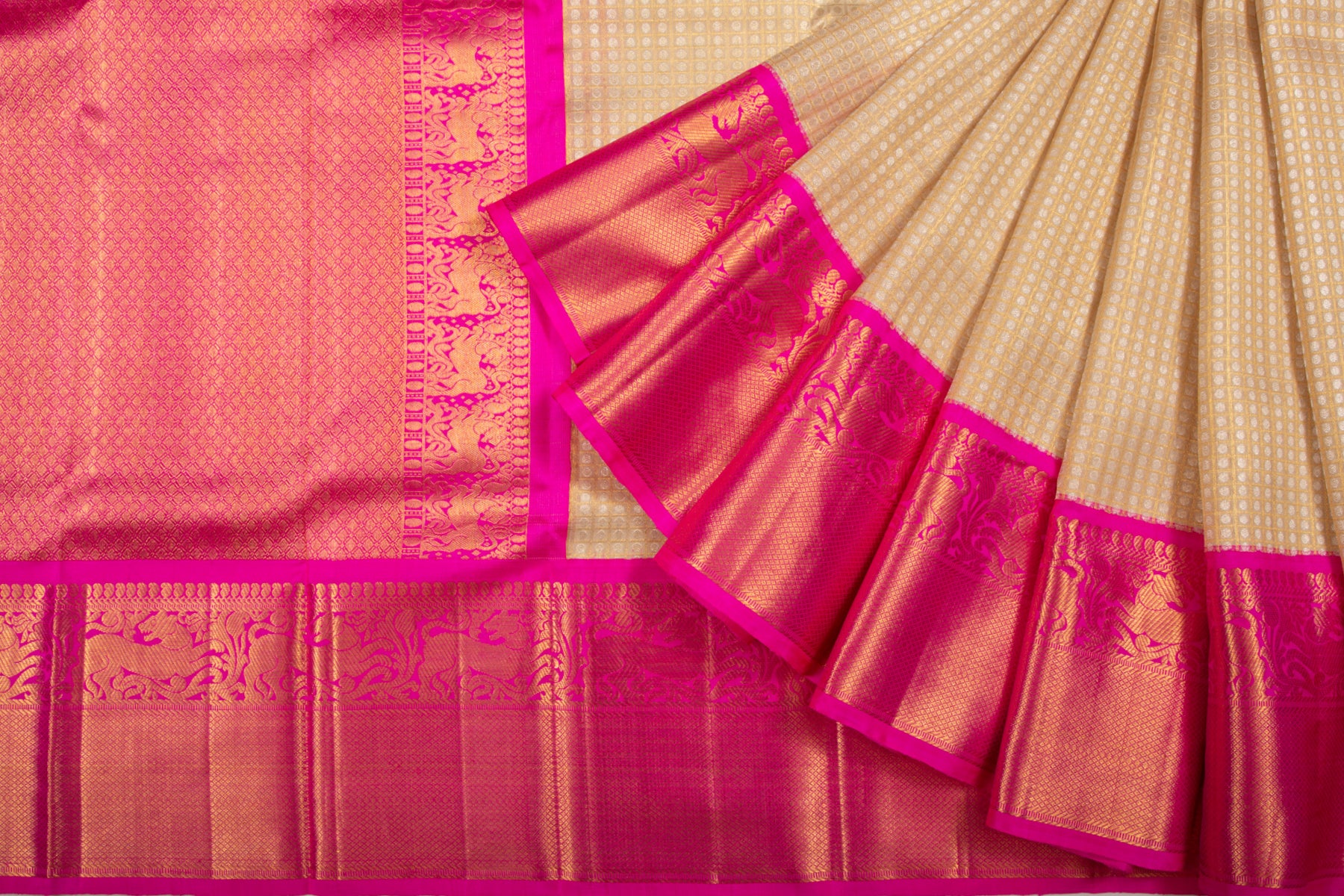Kanchipuram Silk Checks And Butta Cream Saree