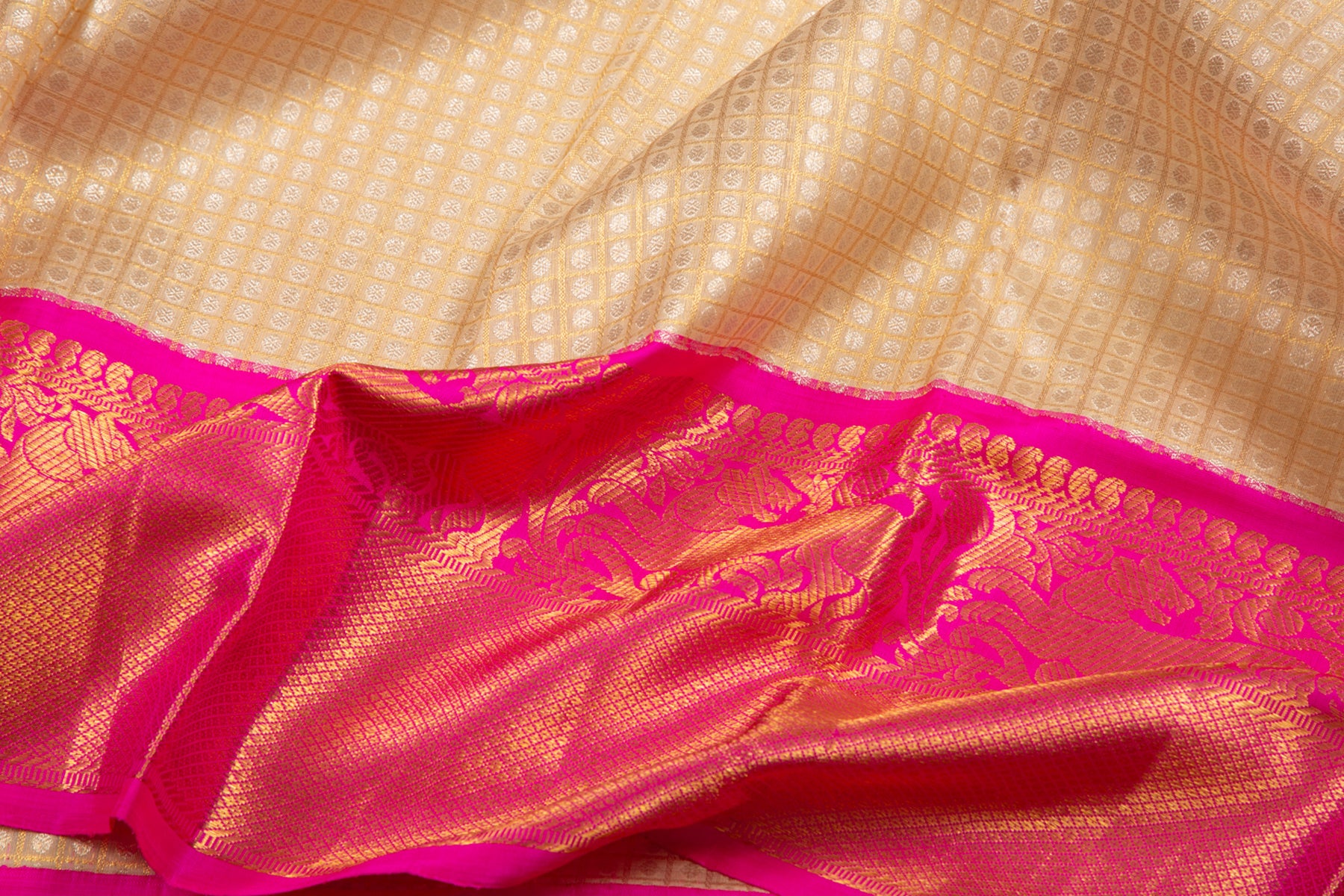 Kanchipuram Silk Checks And Butta Cream Saree