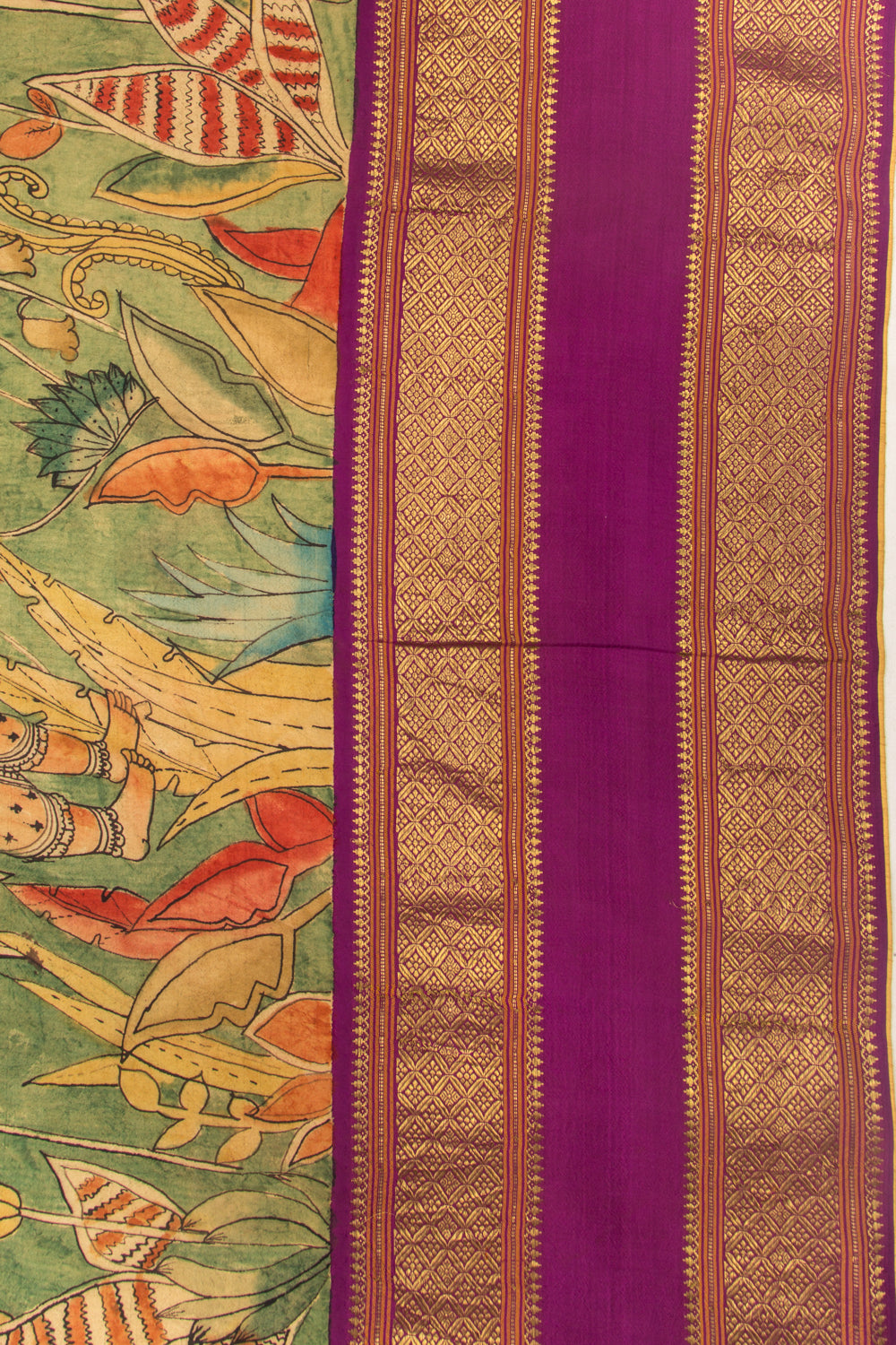 Kanchipuram Silk Kalamkari Green Saree-Not Allowed Online