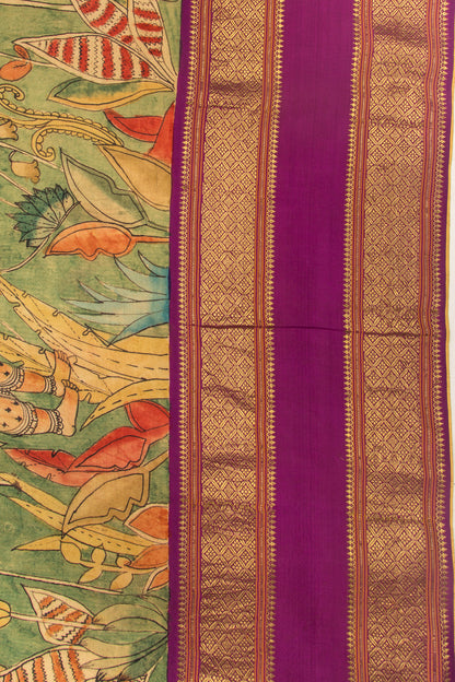 Kanchipuram Silk Kalamkari Green Saree-Not Allowed Online