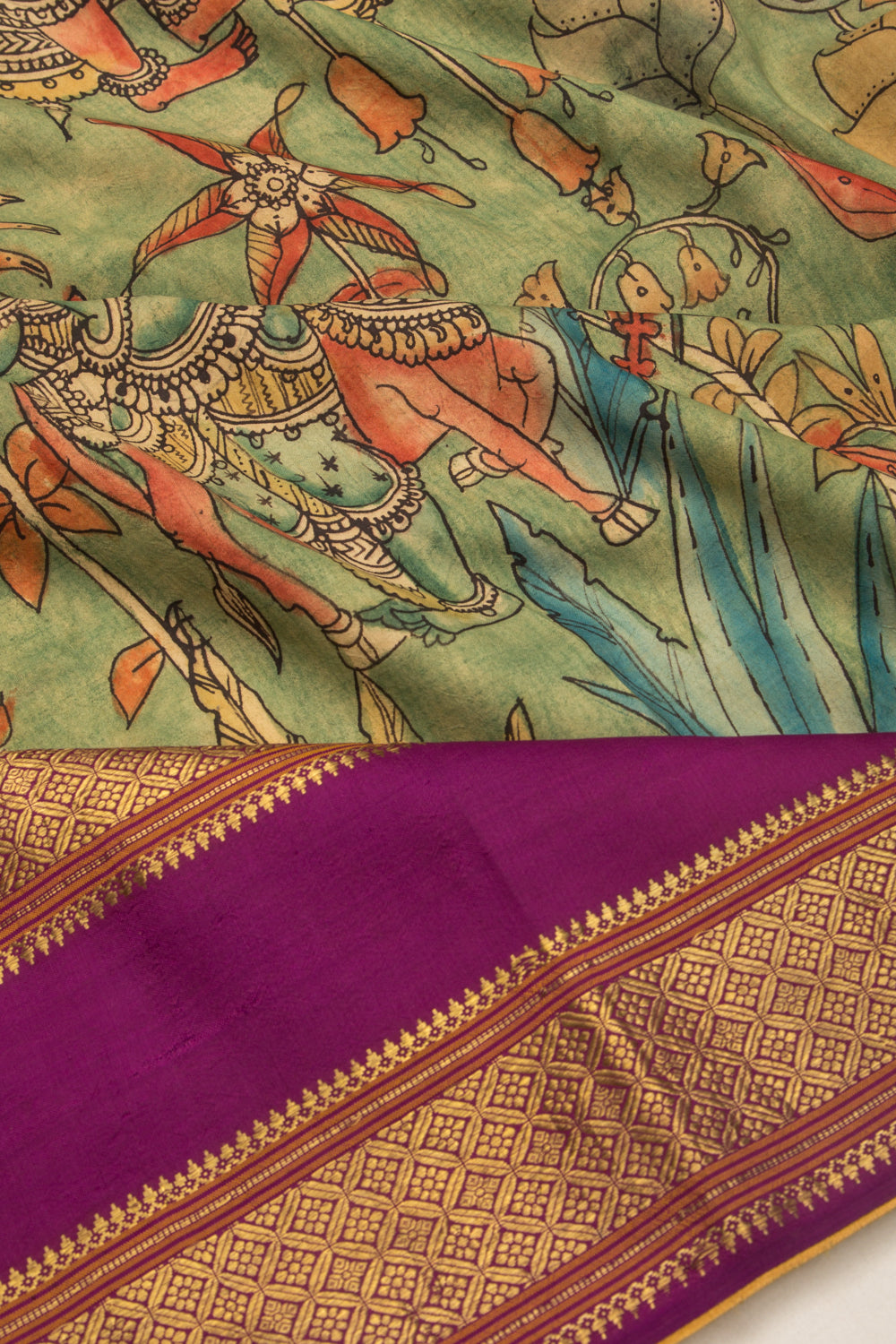 Kanchipuram Silk Kalamkari Green Saree-Not Allowed Online