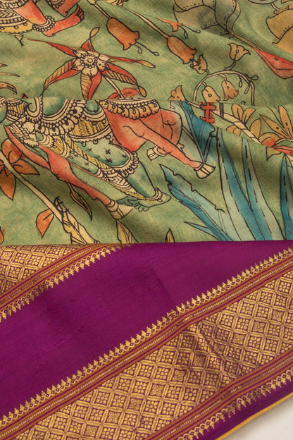 Kanchipuram Silk Kalamkari Green Saree-Not Allowed Online