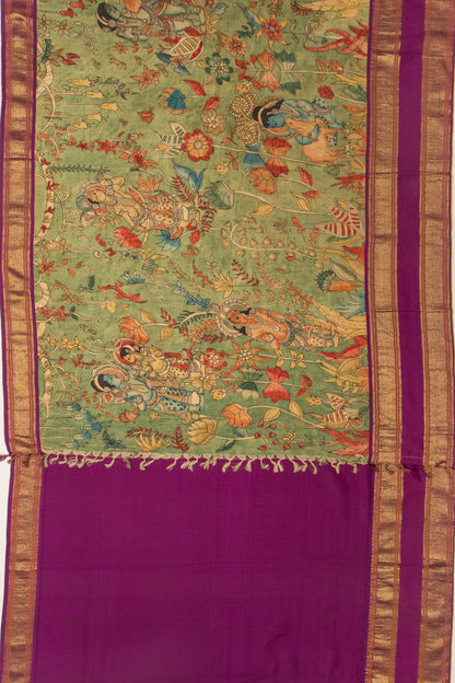 Kanchipuram Silk Kalamkari Green Saree-Not Allowed Online