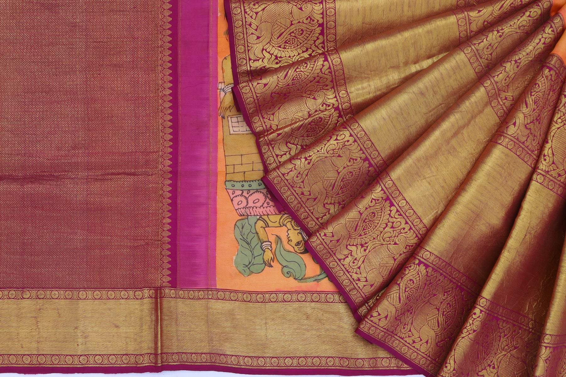Kanchipuram Silk Kalamkari Hand Painted Orange Saree