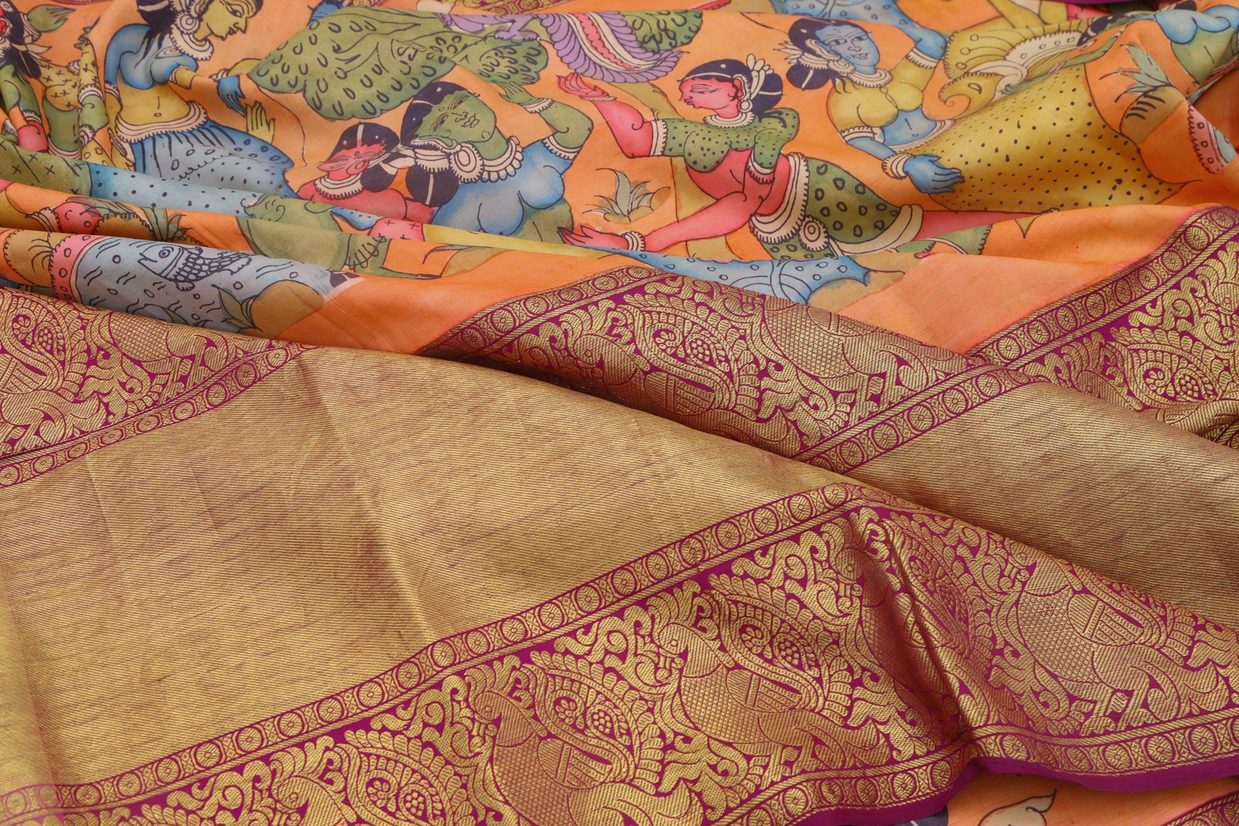 Kanchipuram Silk Kalamkari Hand Painted Orange Saree