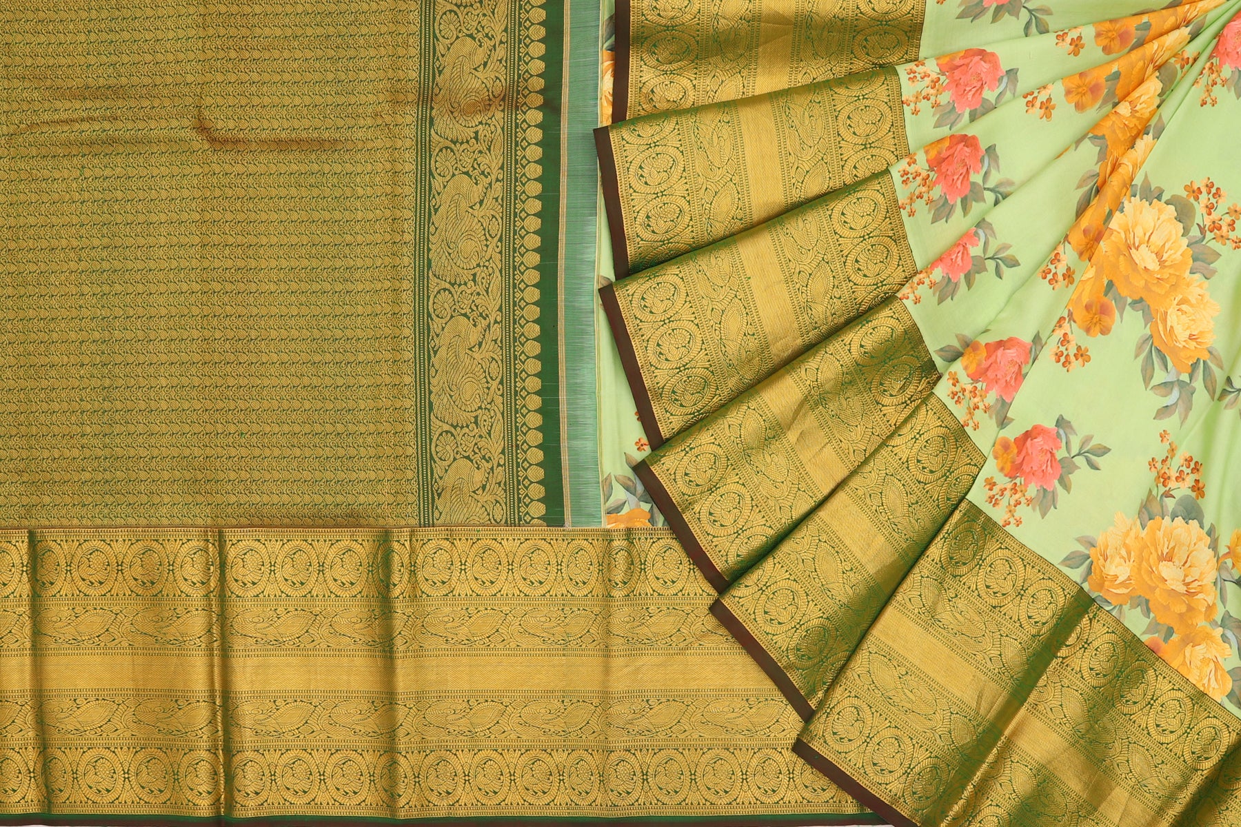 Kanchipuram Silk Floral Printed Pastel Green Saree