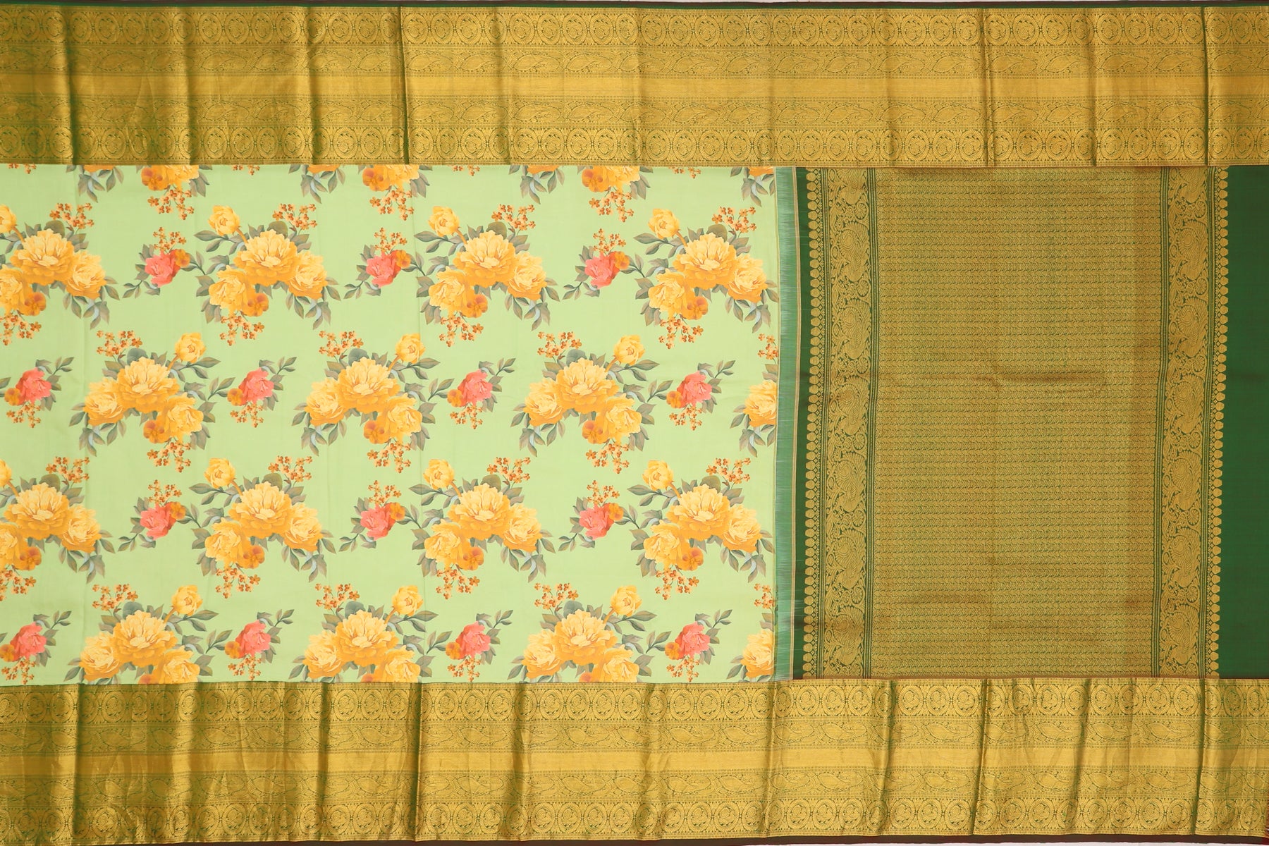 Kanchipuram Silk Floral Printed Pastel Green Saree