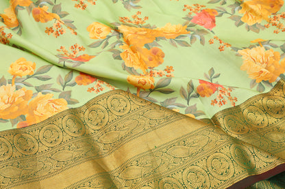 Kanchipuram Silk Floral Printed Pastel Green Saree