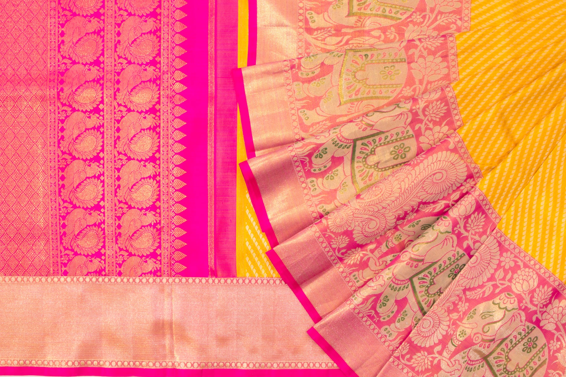 Kanchipuram Silk Diagonal Lines Brocade Yellow Saree