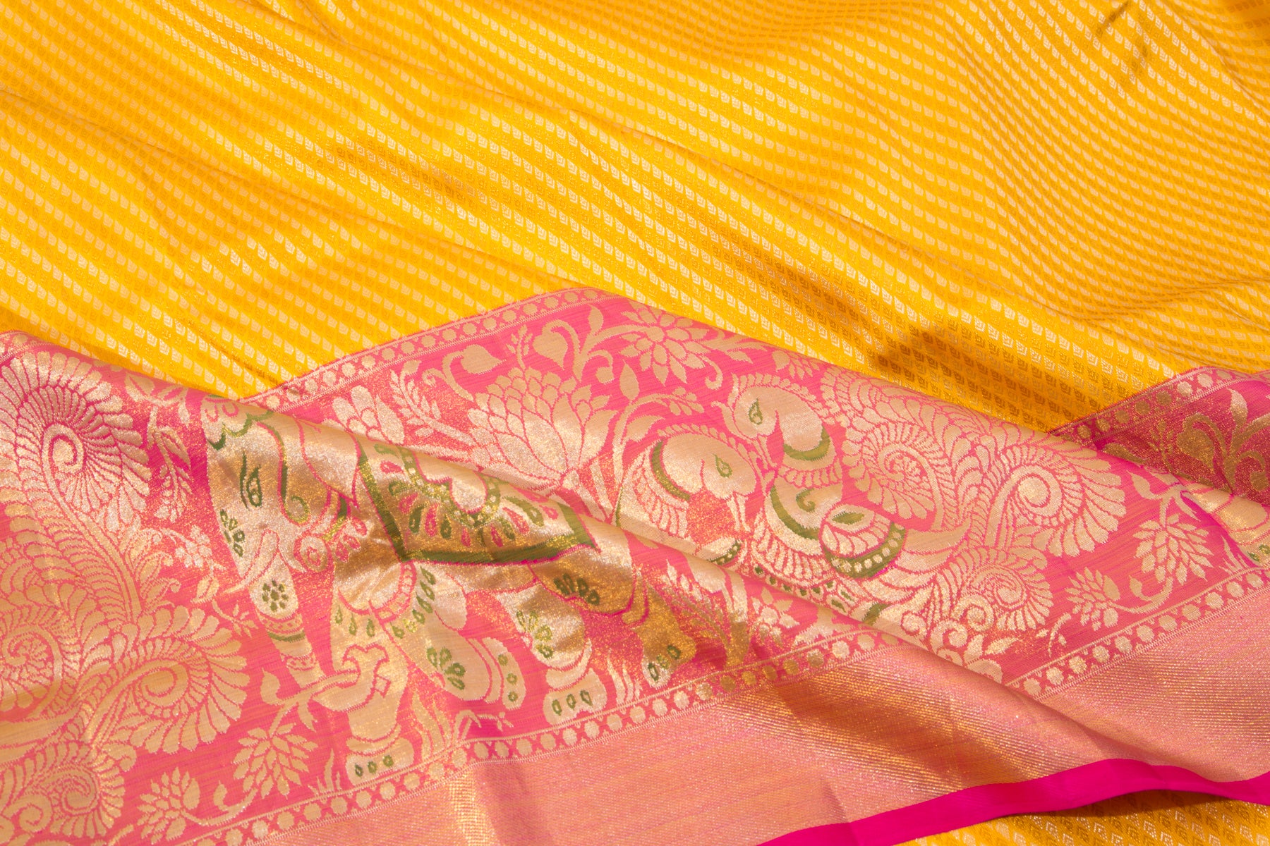 Kanchipuram Silk Diagonal Lines Brocade Yellow Saree