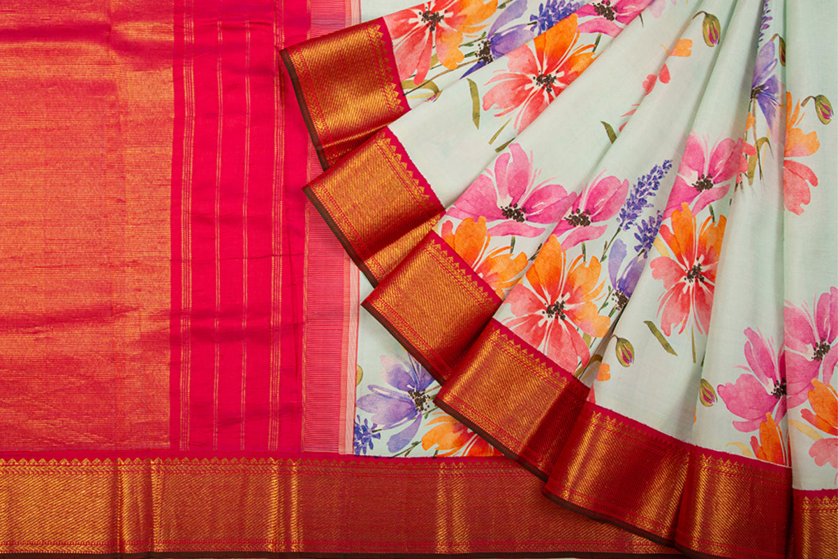 Kanchipuram Silk Floral  Printed Pastel Green Saree