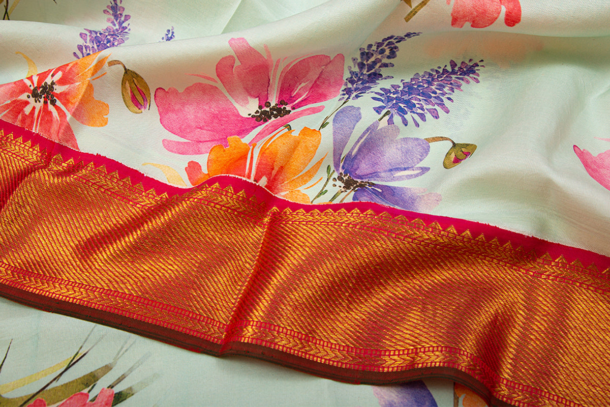 Kanchipuram Silk Floral  Printed Pastel Green Saree