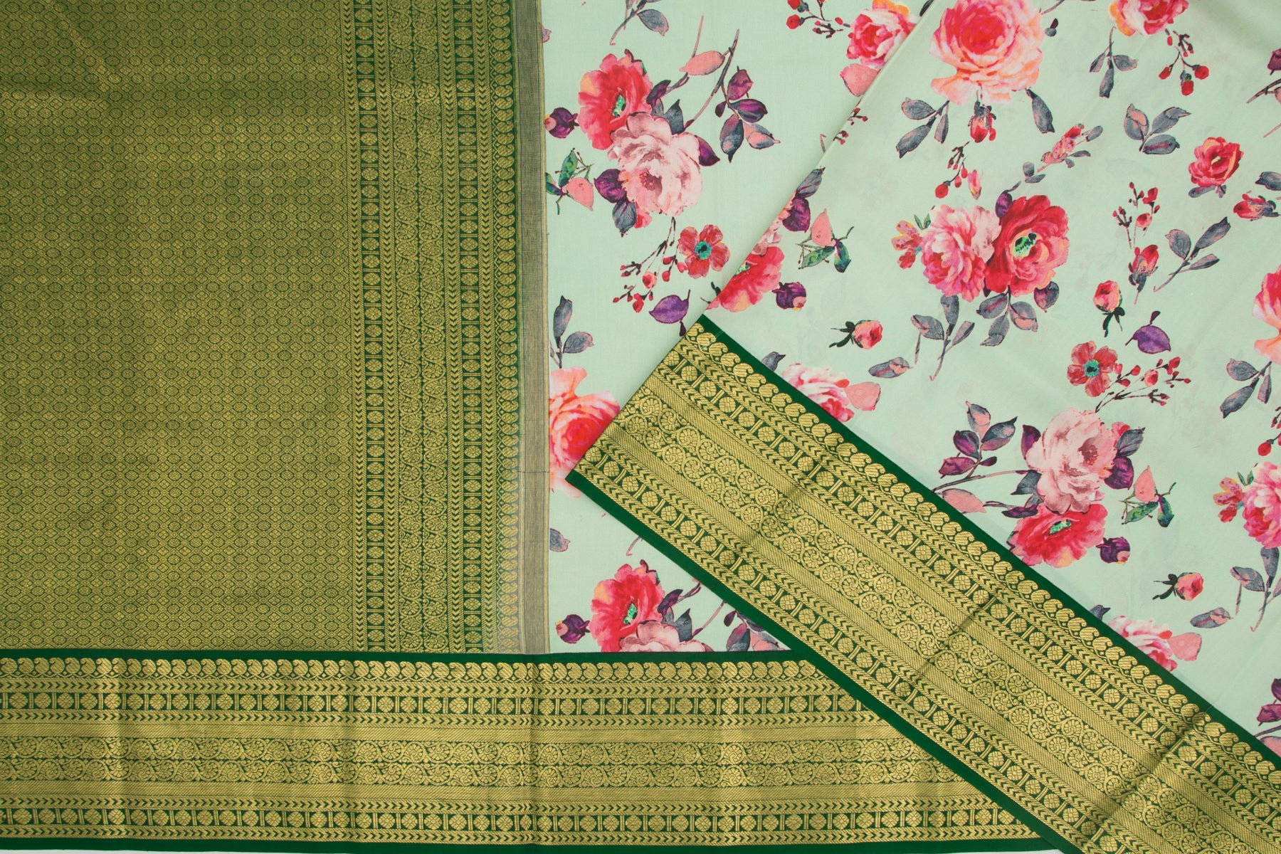 Kanchipuram Silk Floral Printed Pastel Green Saree
