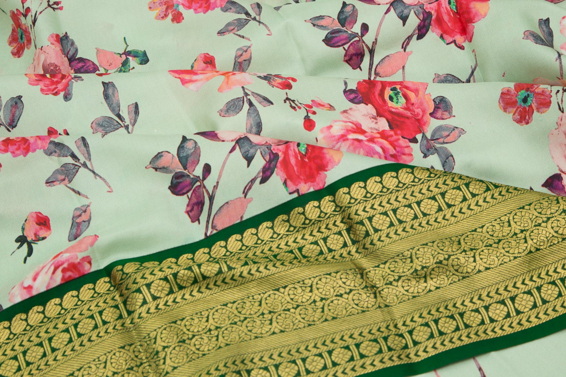 Kanchipuram Silk Floral Printed Pastel Green Saree