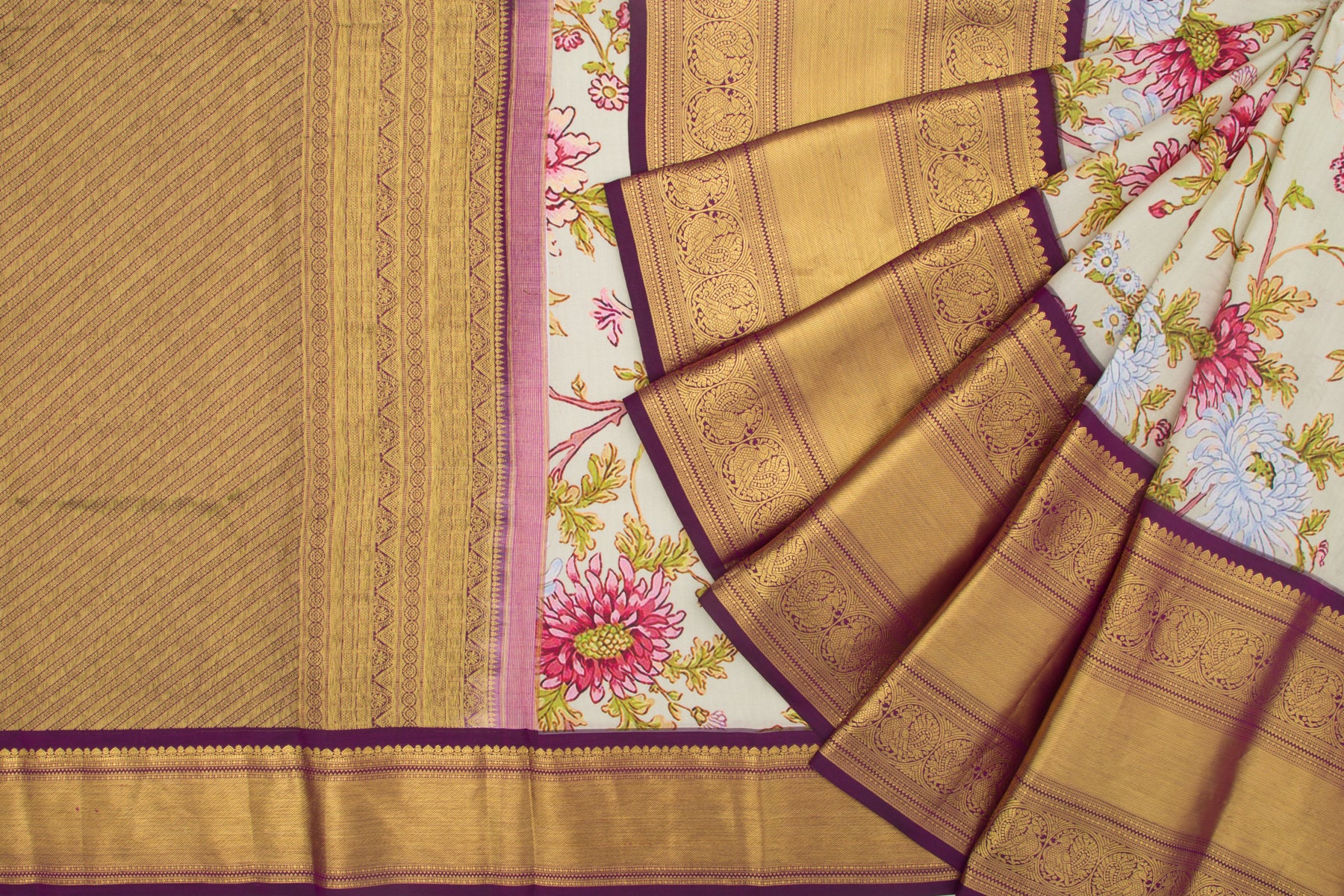 Kanchipuram Silk Floral Printed Pastel Green Saree