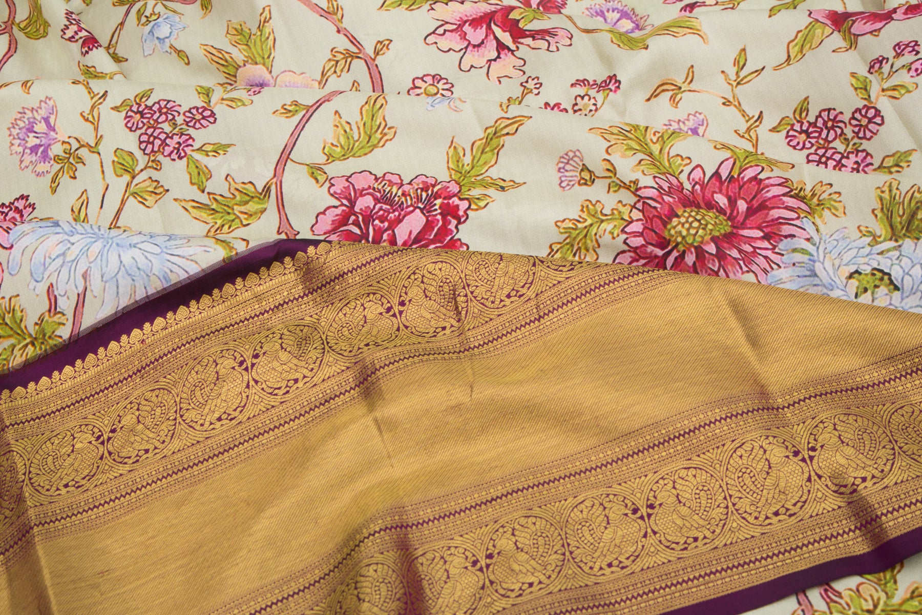 Kanchipuram Silk Floral Printed Pastel Green Saree