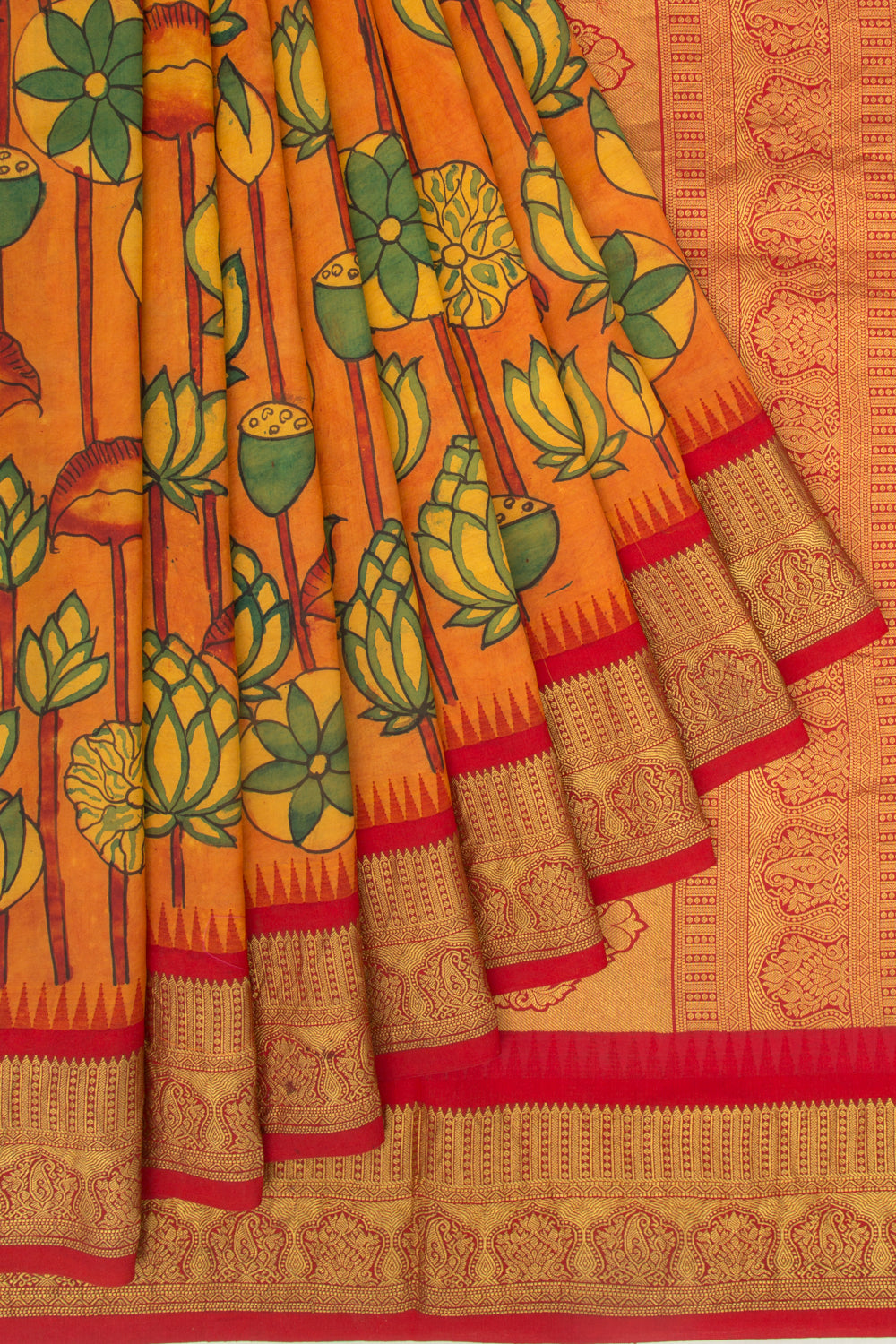 Kanchipuram Silk Kalamkari Mustard Yellow Saree