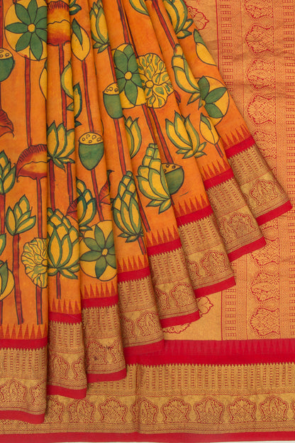 Kanchipuram Silk Kalamkari Mustard Yellow Saree