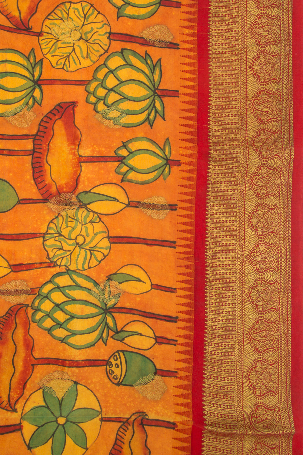 Kanchipuram Silk Kalamkari Mustard Yellow Saree