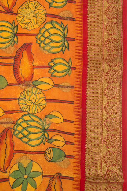 Kanchipuram Silk Kalamkari Mustard Yellow Saree