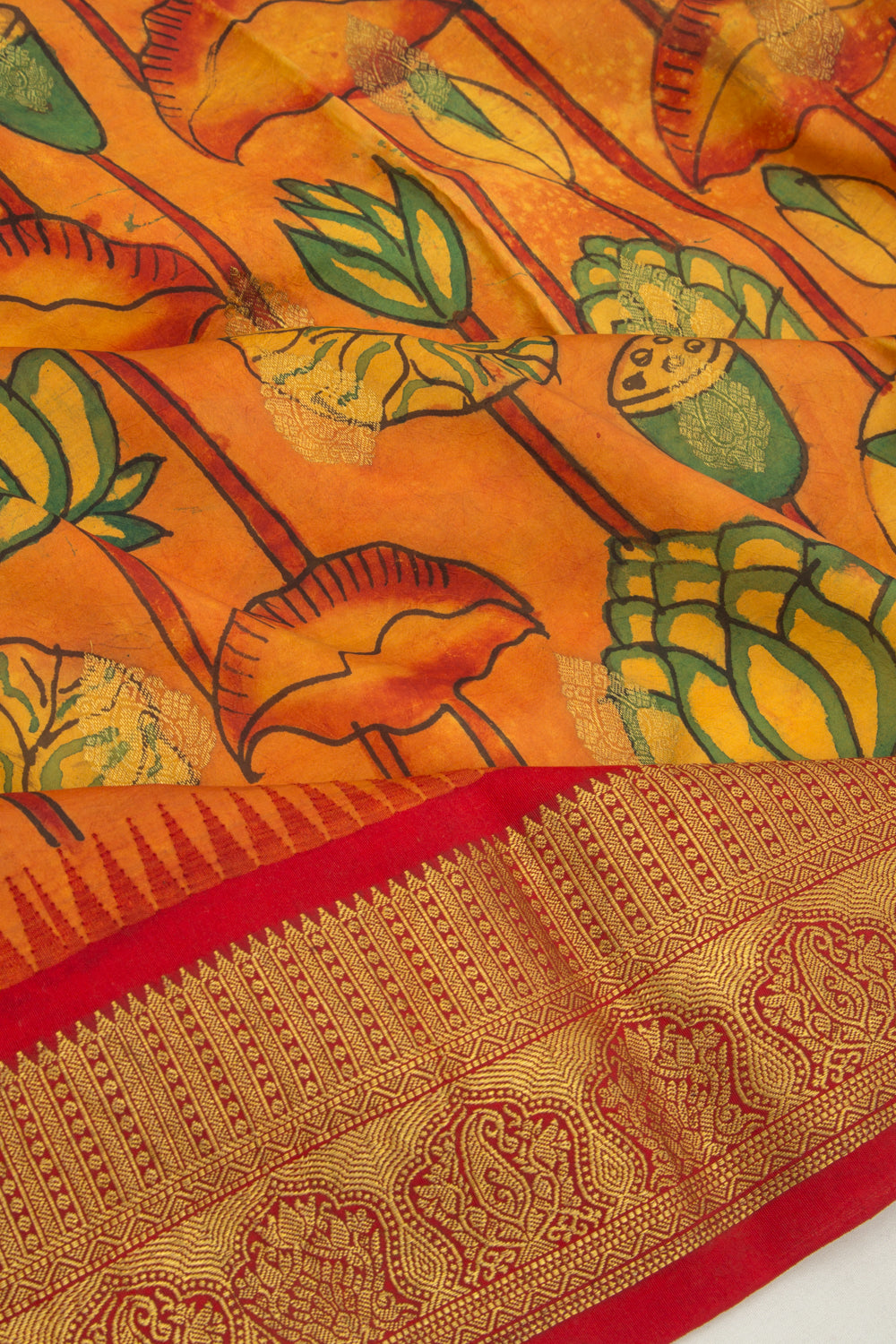 Kanchipuram Silk Kalamkari Mustard Yellow Saree