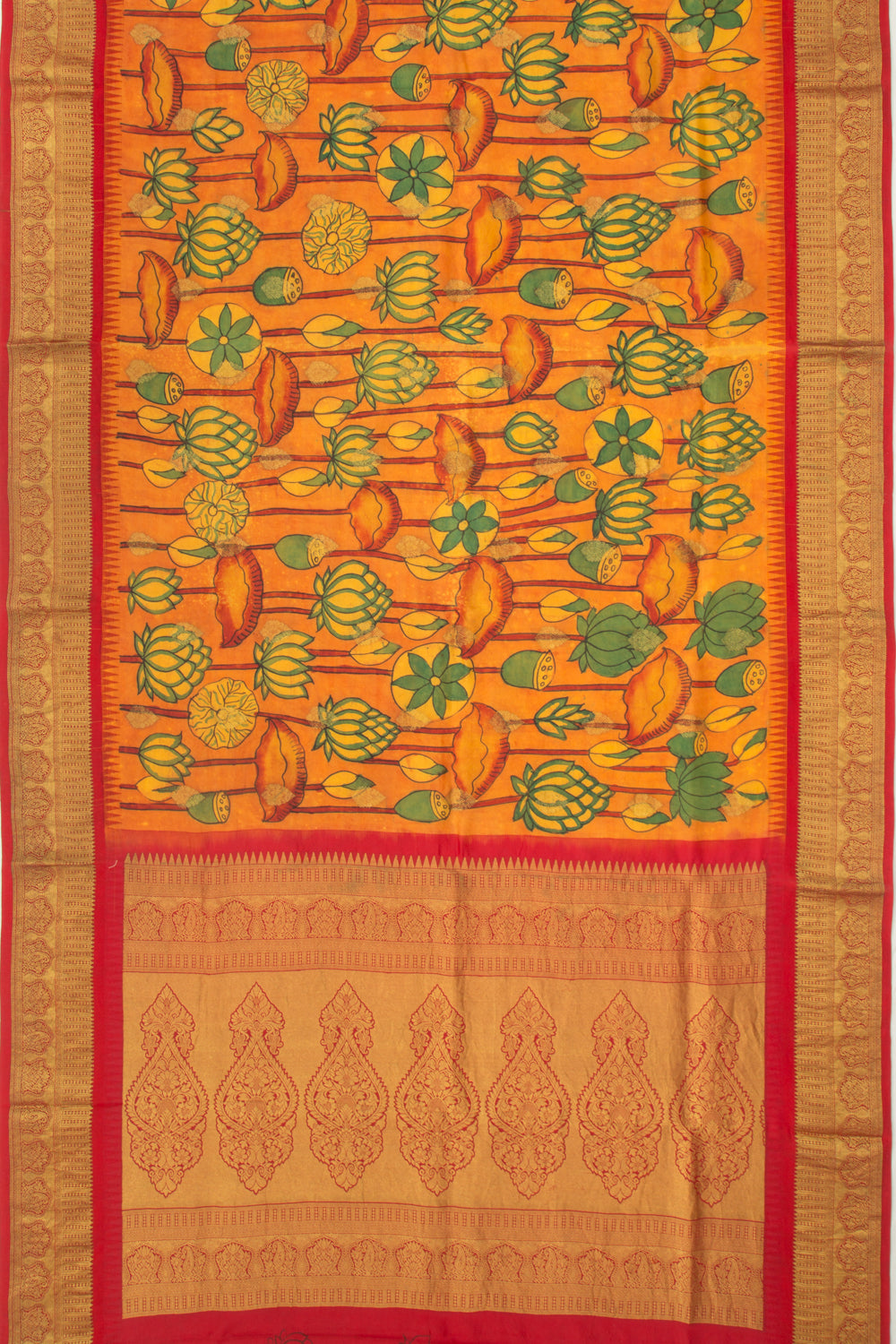 Kanchipuram Silk Kalamkari Mustard Yellow Saree