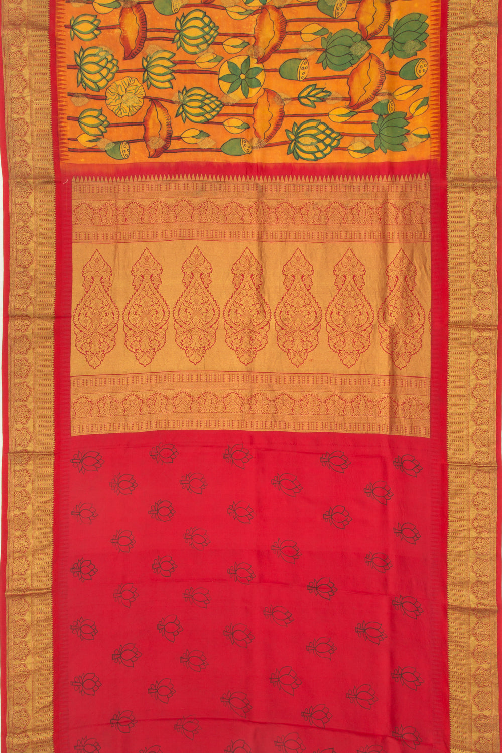 Kanchipuram Silk Kalamkari Mustard Yellow Saree