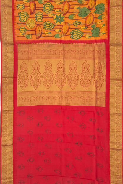 Kanchipuram Silk Kalamkari Mustard Yellow Saree
