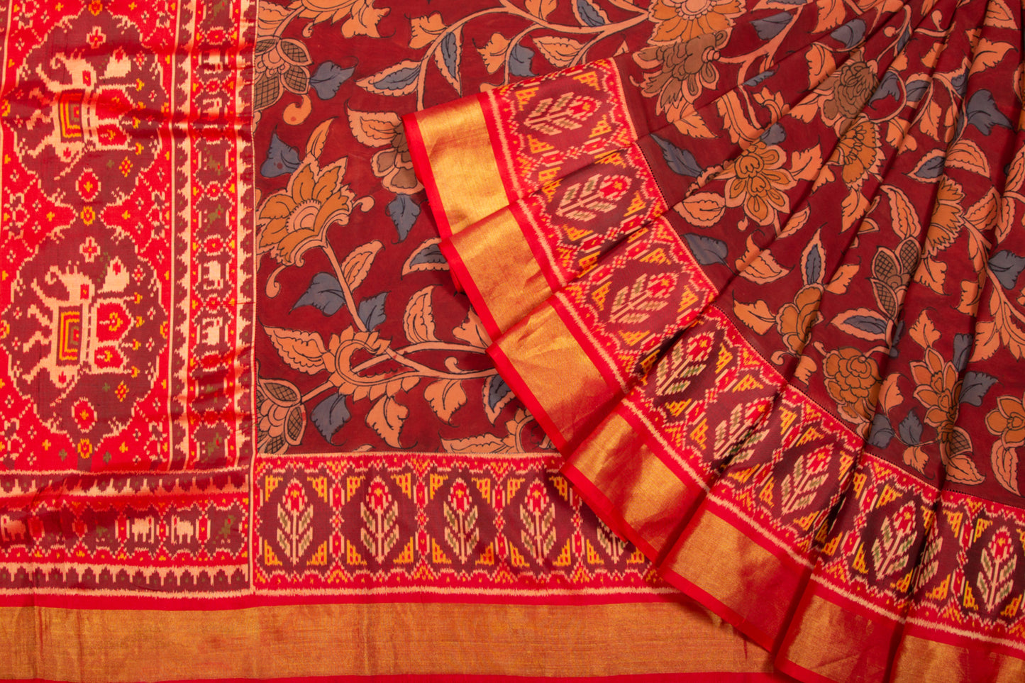 Kalamkari Silk Maroon Saree With Attached Ikat Border