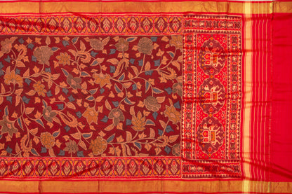 Kalamkari Silk Maroon Saree With Attached Ikat Border