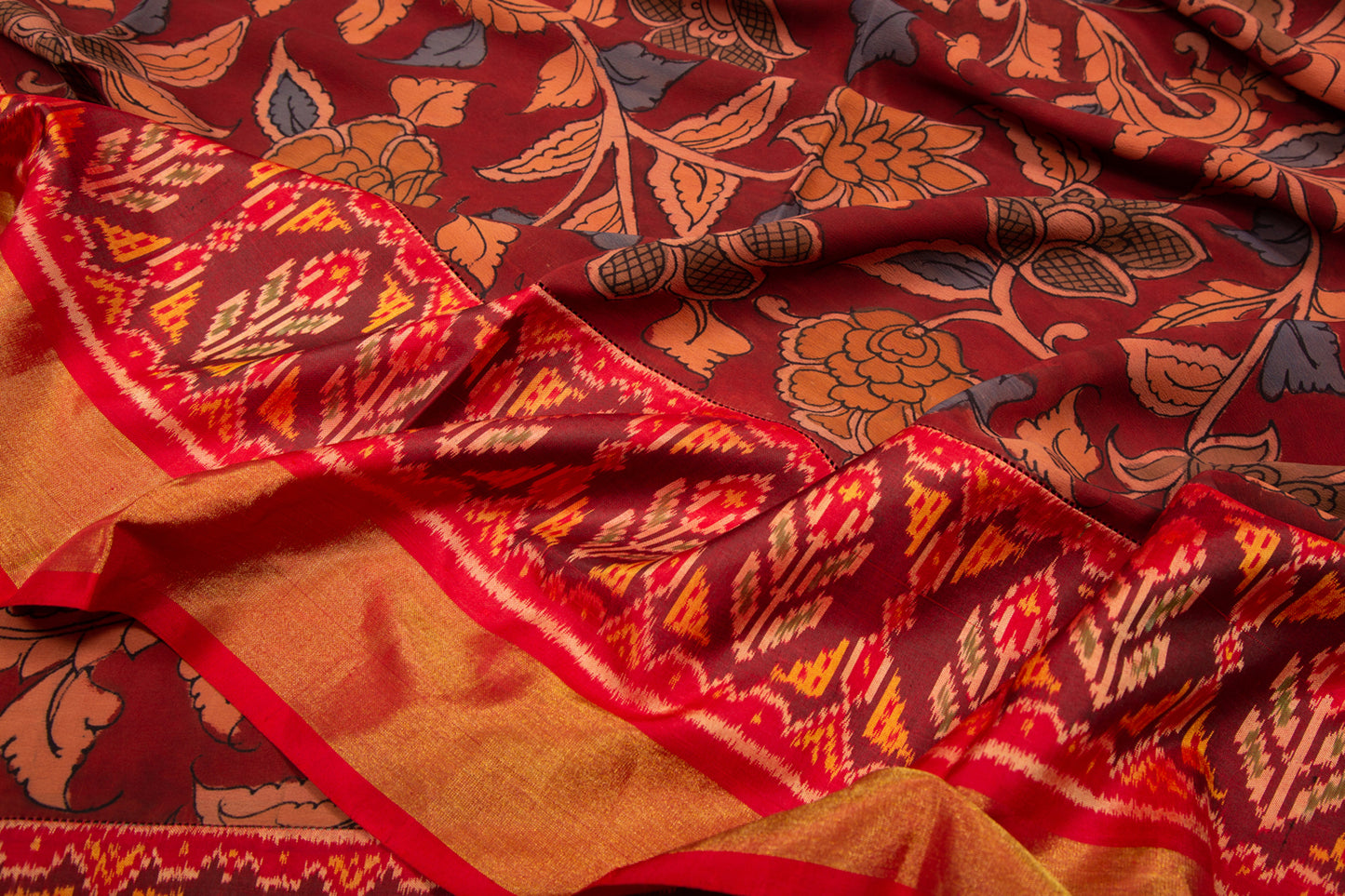 Kalamkari Silk Maroon Saree With Attached Ikat Border