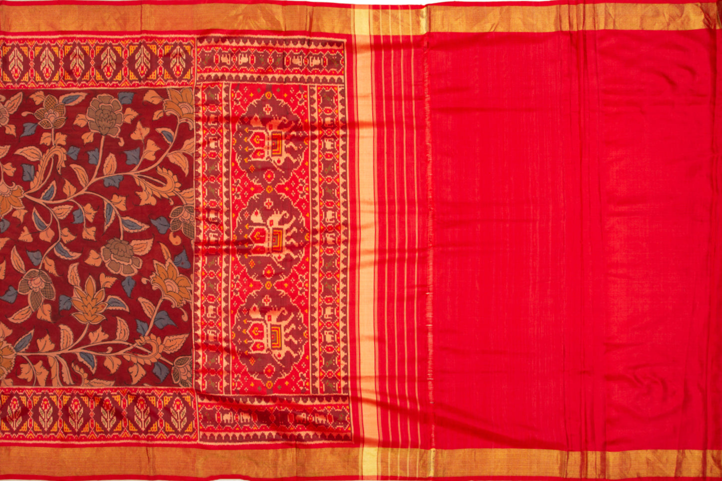Kalamkari Silk Maroon Saree With Attached Ikat Border
