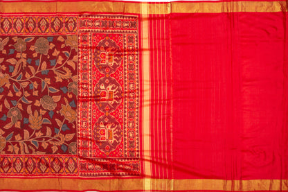 Kalamkari Silk Maroon Saree With Attached Ikat Border