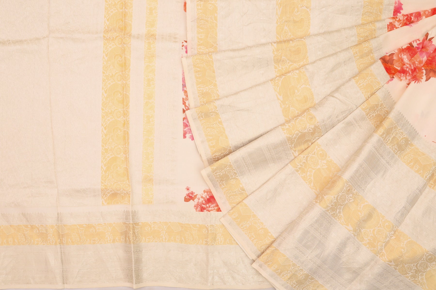 Kanchipuram Silk Floral Printed Cream Saree