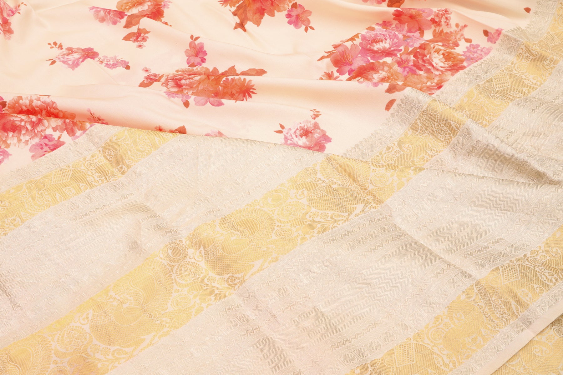 Kanchipuram Silk Floral Printed Cream Saree