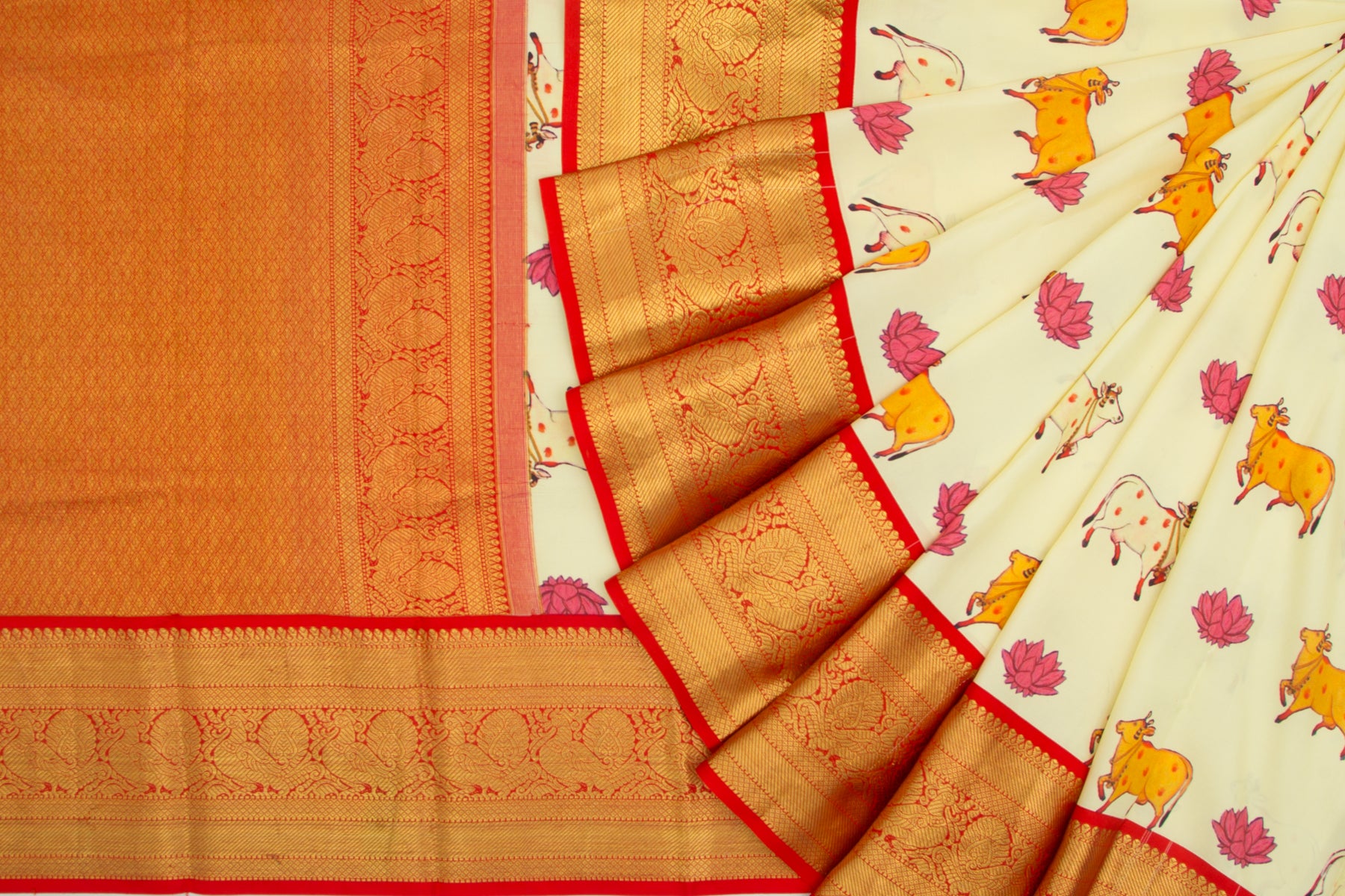 Kanchipuram Silk Hand Printed Pastel Yellow Saree