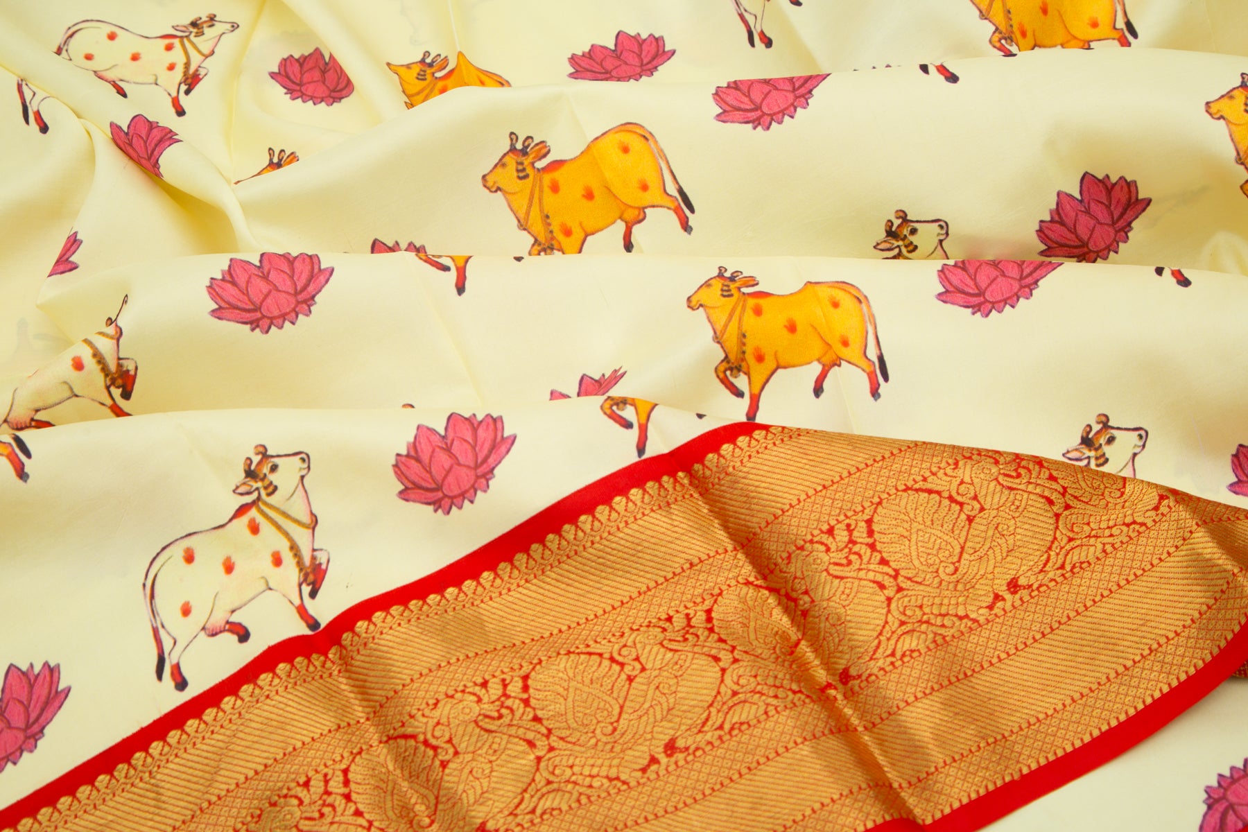 Kanchipuram Silk Hand Printed Pastel Yellow Saree