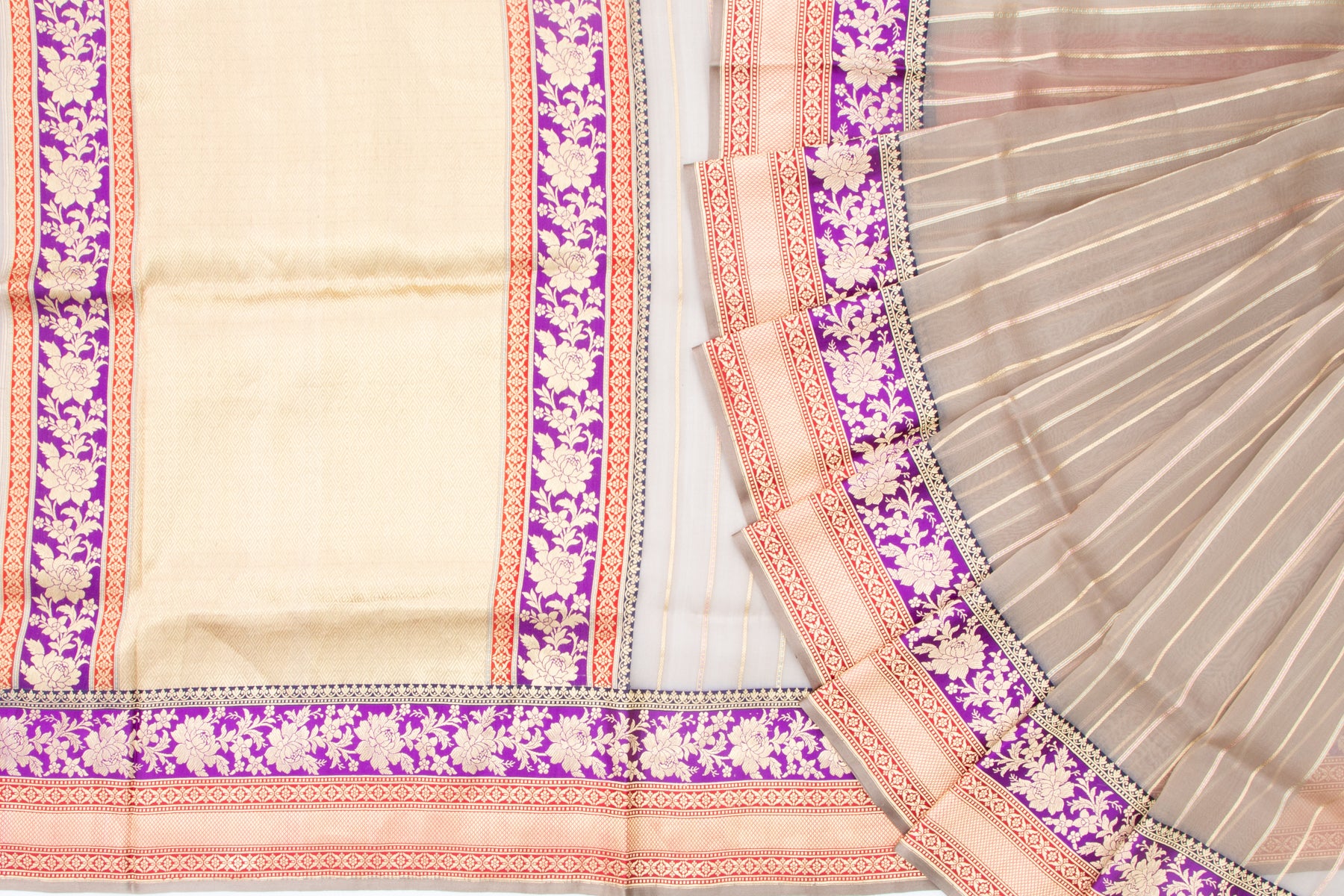 Banarasi Kora Organza Vertical Lines Grey Saree