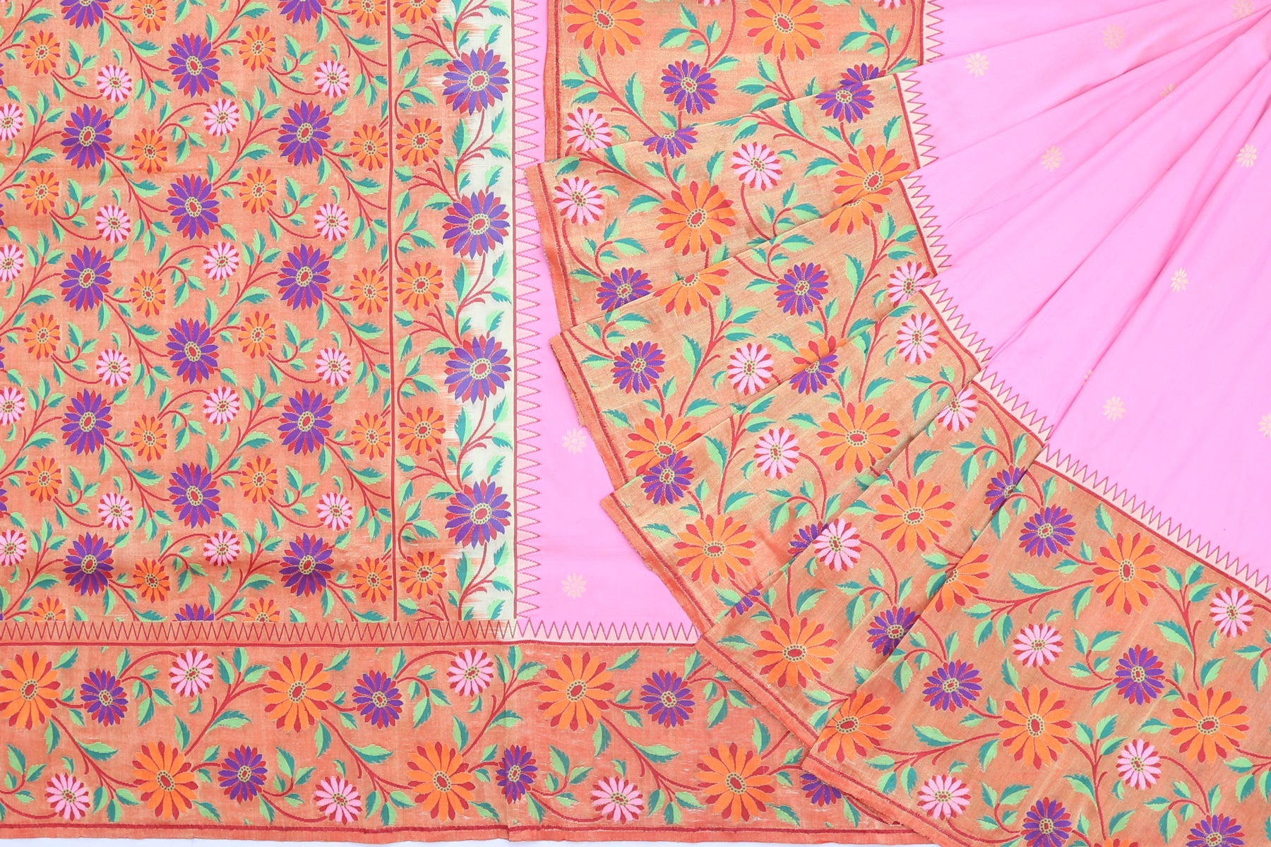 Banarasi Silk Butta Baby Pink Saree With Paithani inspired Border
