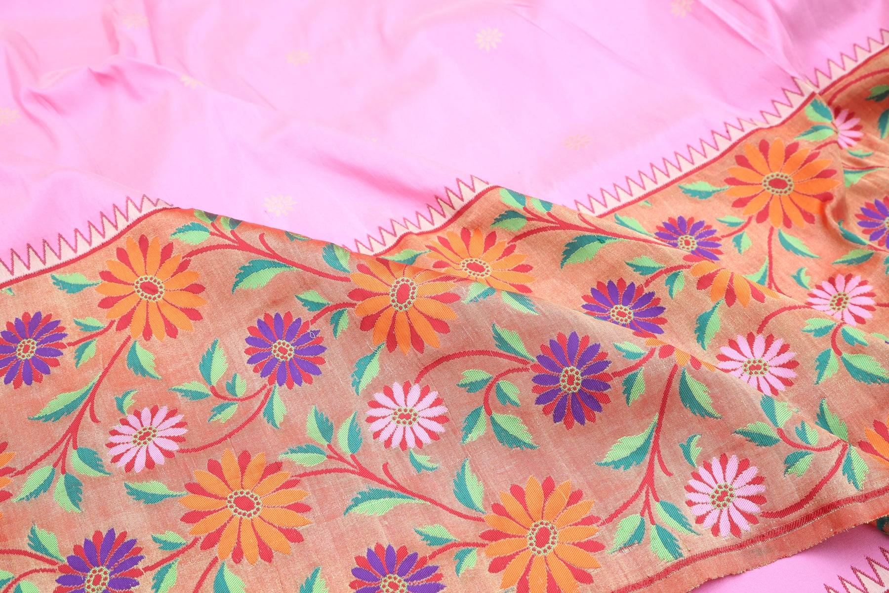 Banarasi Silk Butta Baby Pink Saree With Paithani inspired Border