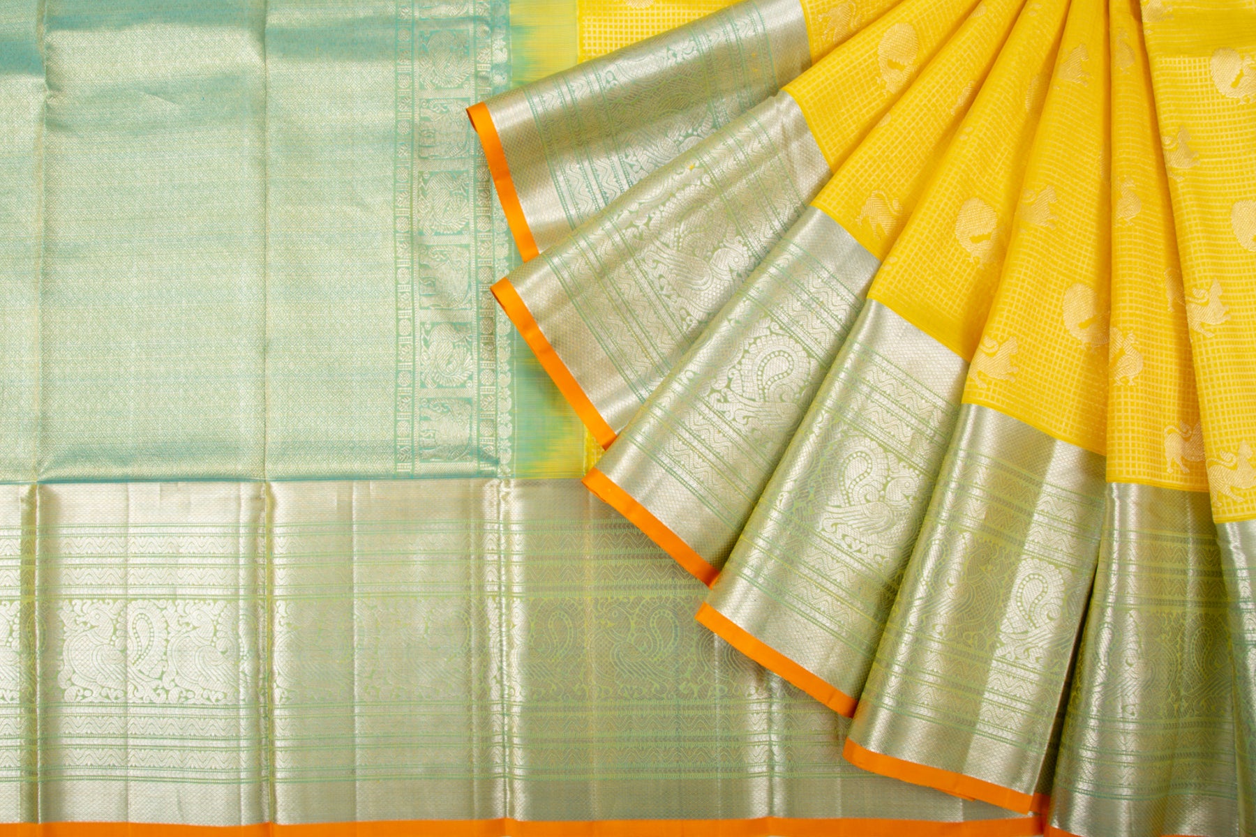 Kanchipuram Silk Checks And Butta Lemon Yellow Saree