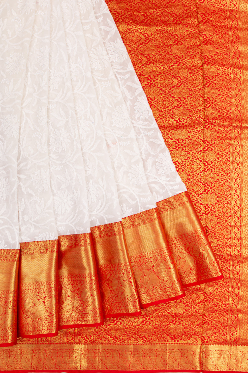 Lucknow Chikankari Georgette White Saree With Kanchi Border