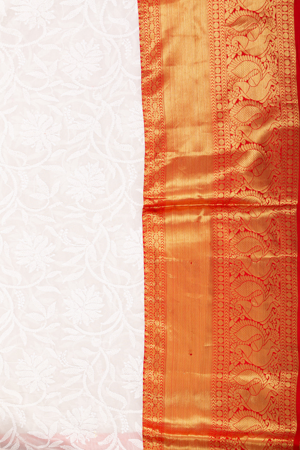 Lucknow Chikankari Georgette White Saree With Kanchi Border