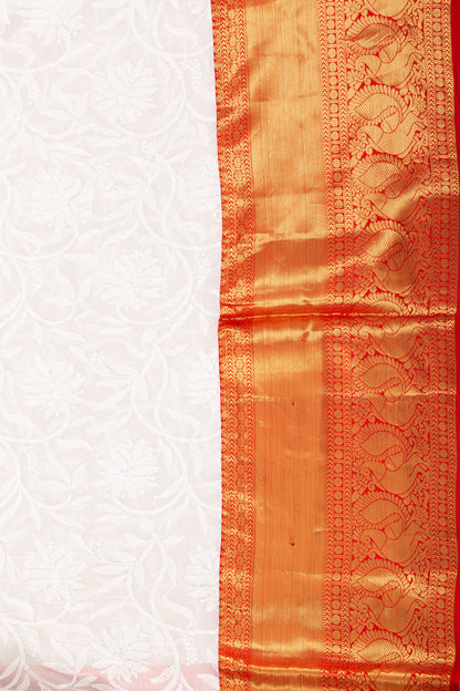 Lucknow Chikankari Georgette White Saree With Kanchi Border