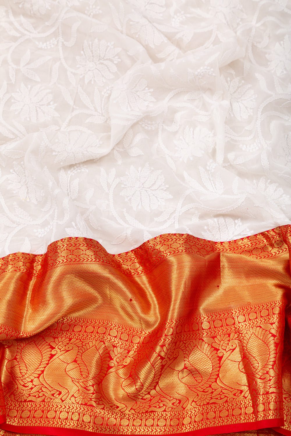Lucknow Chikankari Georgette White Saree With Kanchi Border