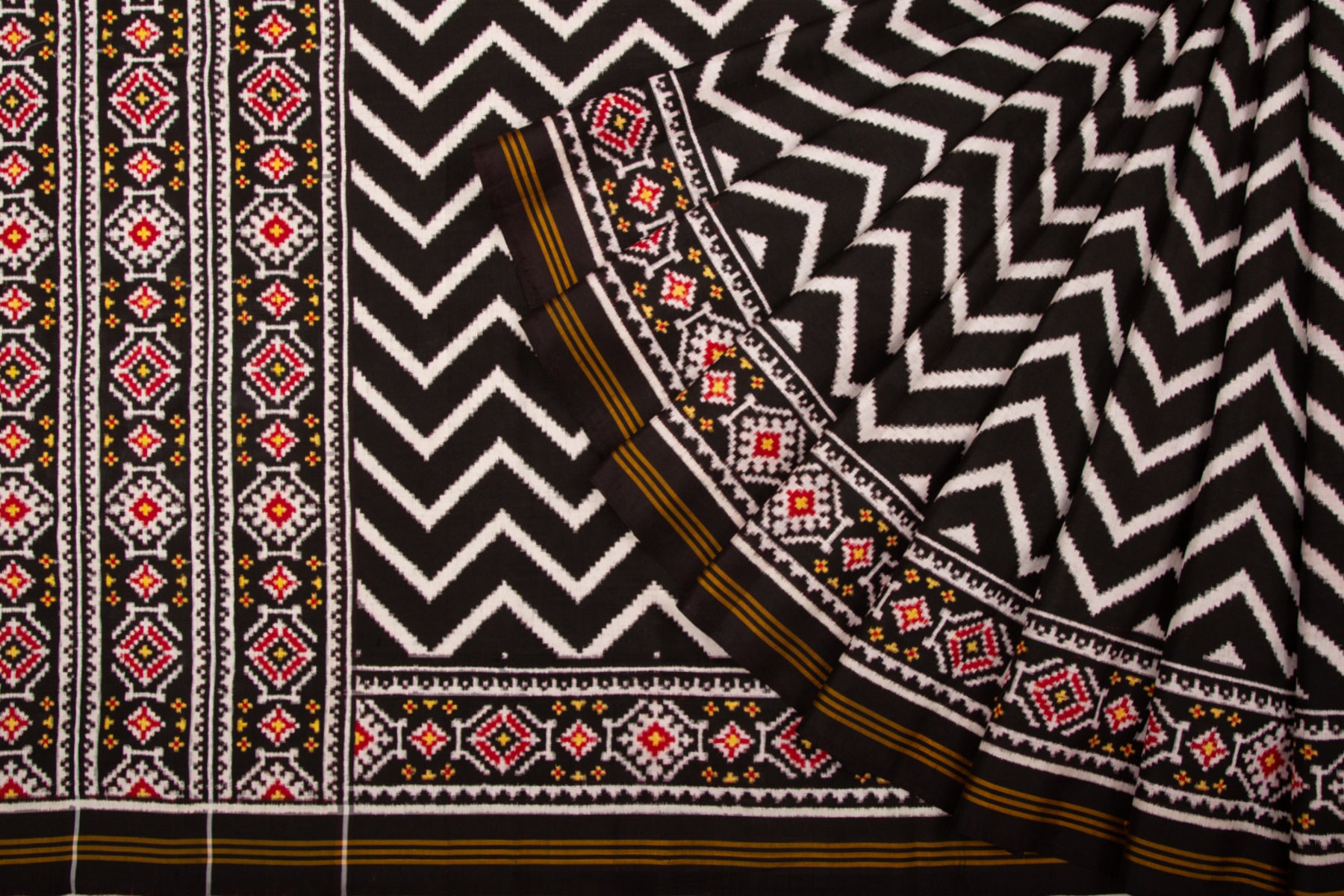 Patan Patola Silk Double Ikat Leheriya Bhat Black Saree