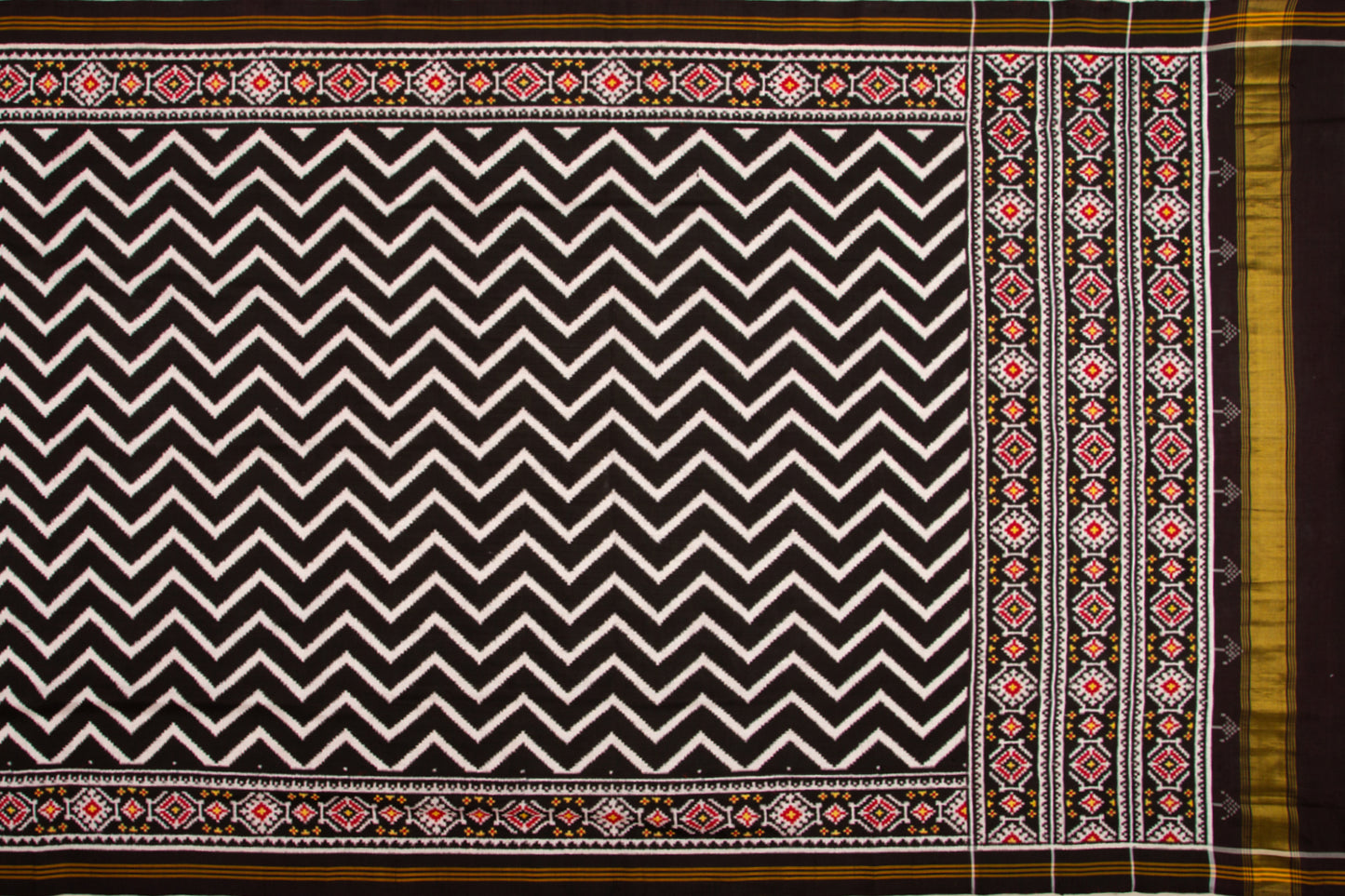 Patan Patola Silk Double Ikat Leheriya Bhat Black Saree