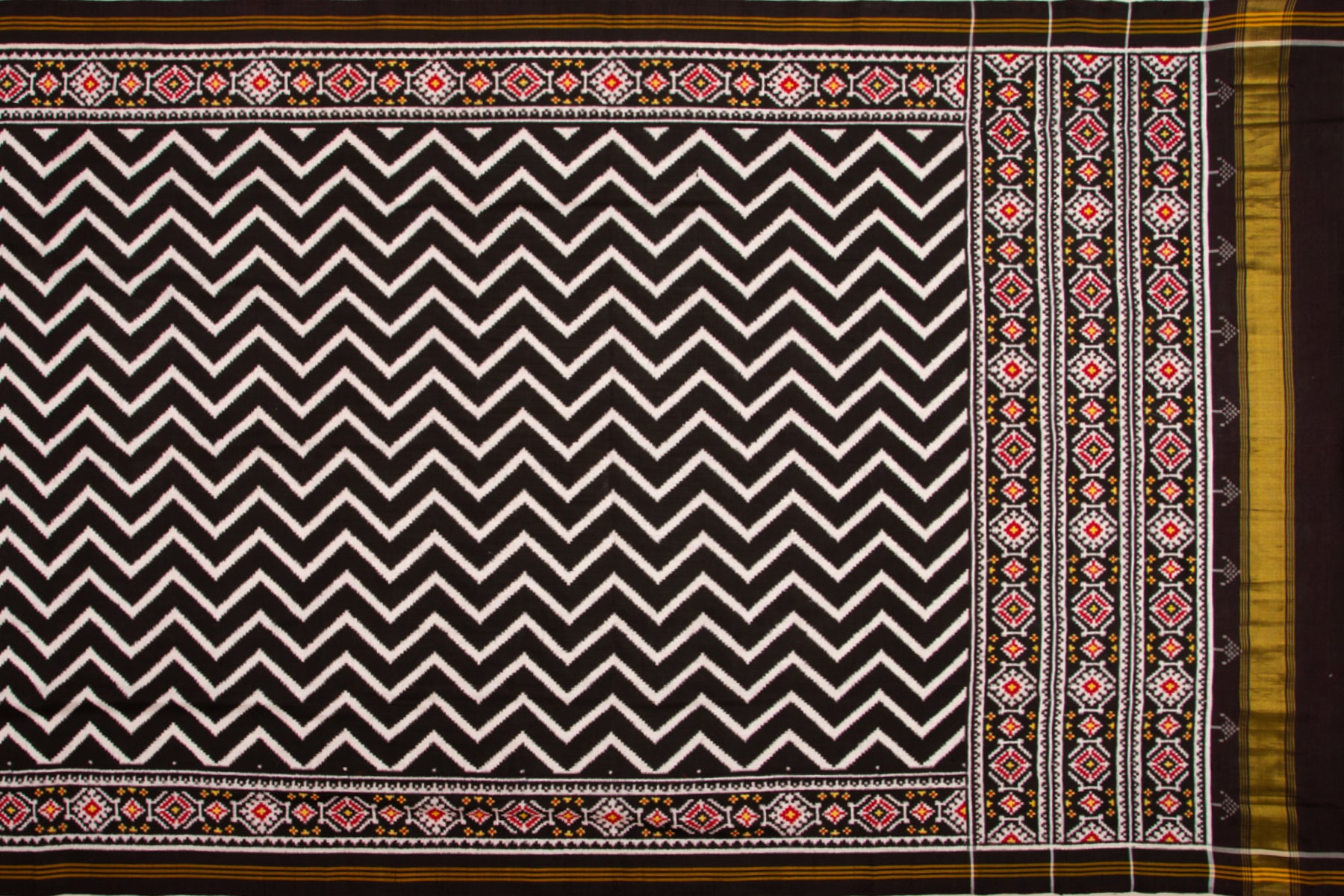 Patan Patola Silk Double Ikat Leheriya Bhat Black Saree