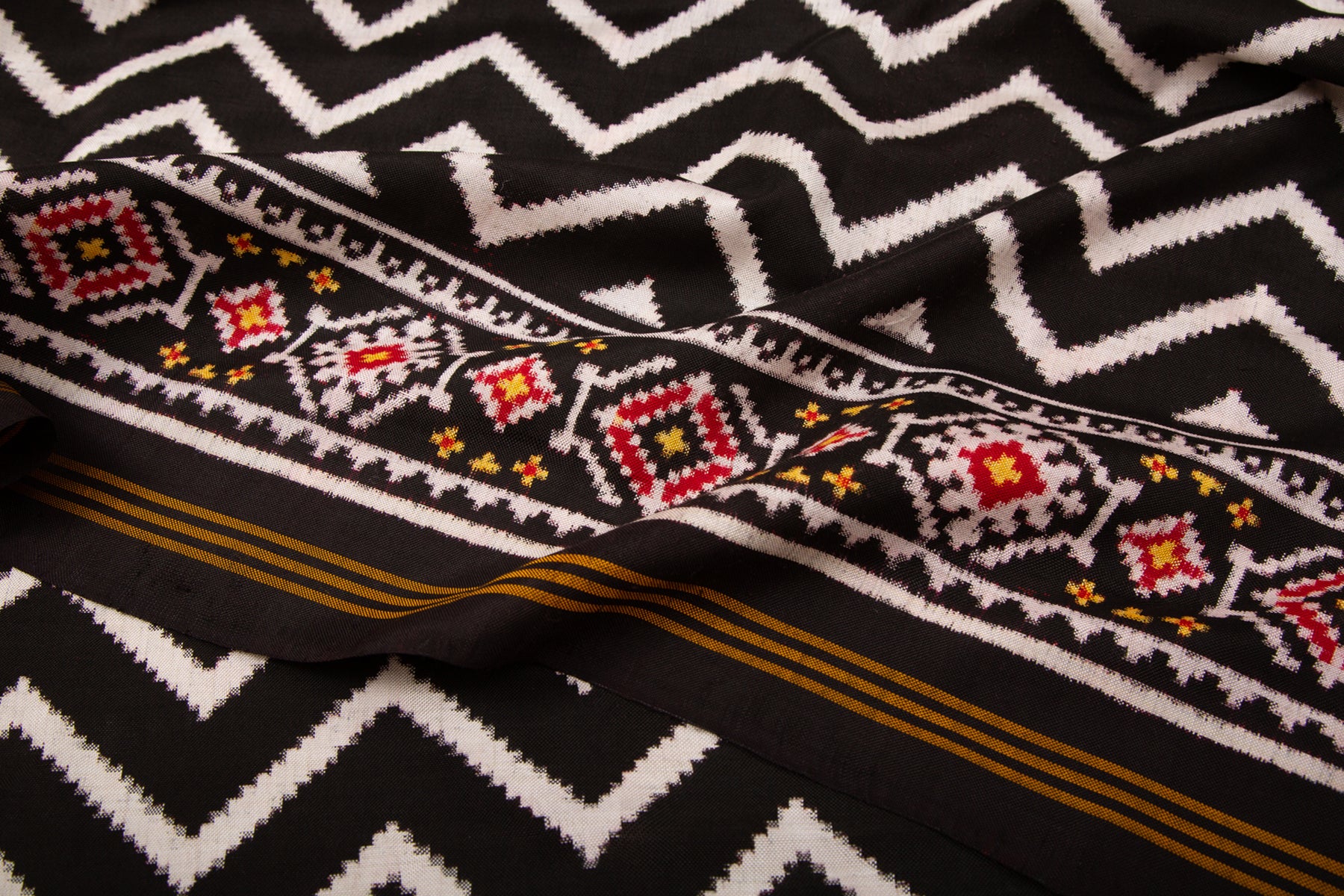 Patan Patola Silk Double Ikat Leheriya Bhat Black Saree